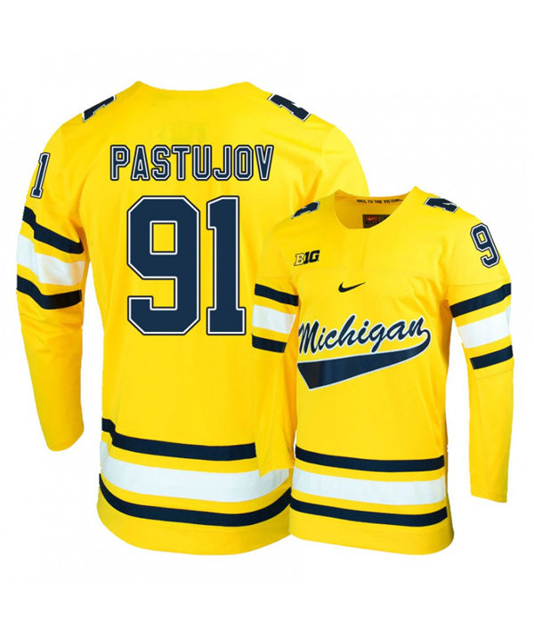 Mens Michigan Wolverines #91 Nick Pastujov Stitched Nike Gold Hockey Jersey