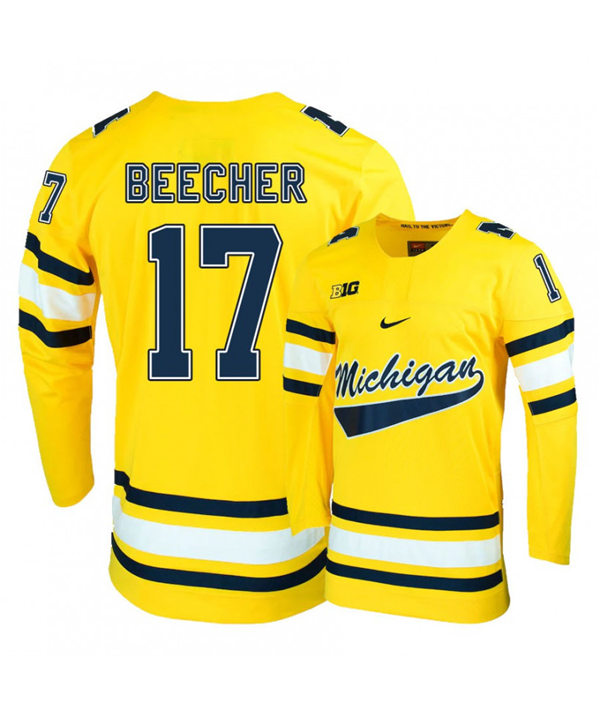 Mens Michigan Wolverines #17 Johnny Beecher Stitched Nike Gold Hockey Jersey