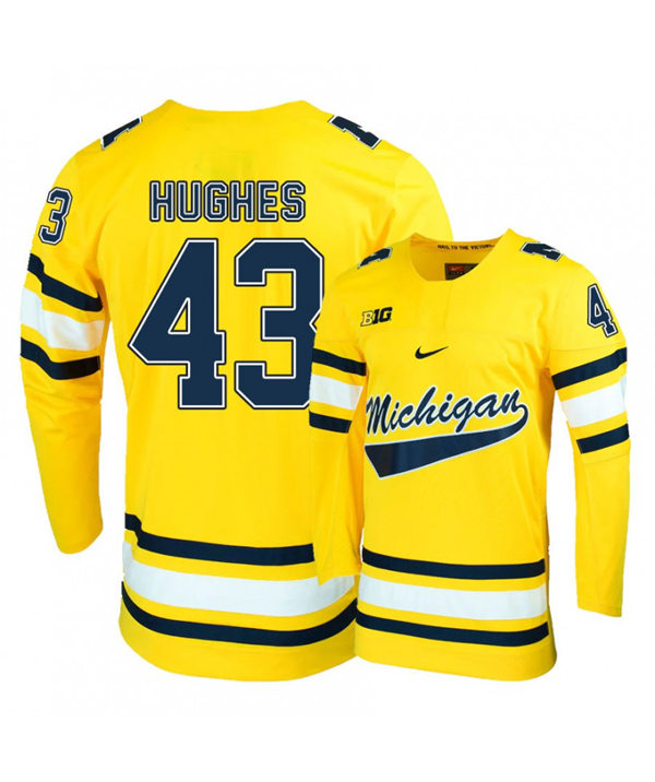 Mens Michigan Wolverines #43 Quinn Hughes Stitched Nike Gold Hockey Jersey