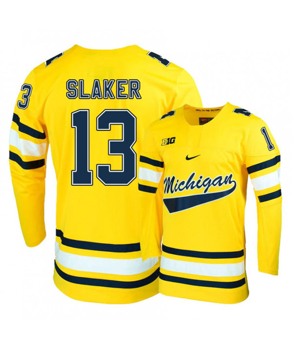 Mens Michigan Wolverines #13 Jake Slaker Stitched Nike Gold Hockey Jersey