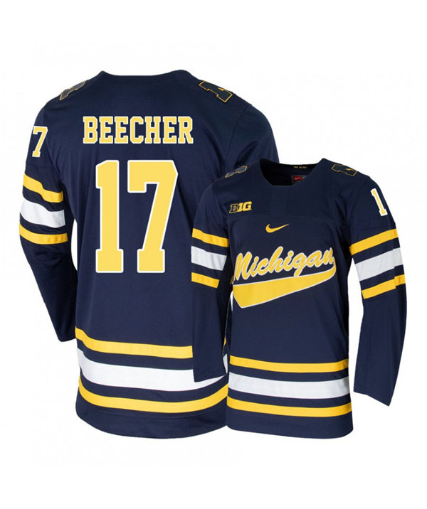 Mens Michigan Wolverines #17 Johnny Beecher Stitched Nike Navy Hockey Jersey