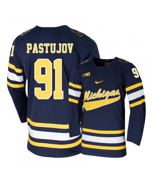 Mens Michigan Wolverines #91 Nick Pastujov Stitched Nike Navy Hockey Jersey