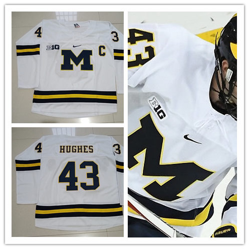 Mens Michigan Wolverines #43 Quinn Hughes Nike White BIG M Hockey Jersey