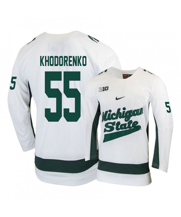 Mens Michigan State Spartans #55 Patrick Khodorenko Stitched Nike White Hockey Jersey
