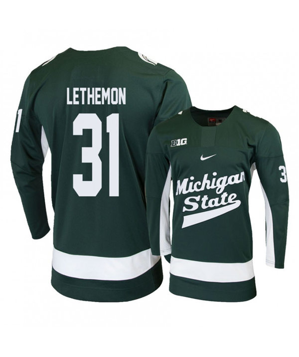 Mens Michigan State Spartans #31 John Lethemon Stitched Nike Green Hockey Jersey