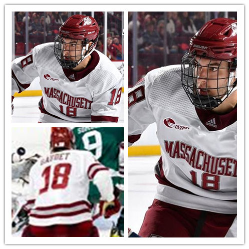 Mens Massachusetts Minutemen #18 Jake Gaudet 2021 White Adidas College Hockey Jersey