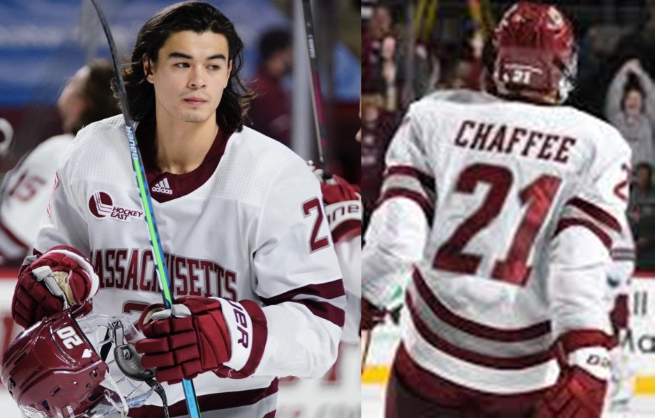 Mens Massachusetts Minutemen #21 Mitchell Chaffee 2021 White Adidas College Hockey Jersey