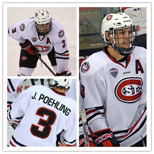 Mens St. Cloud State Huskies #3 Jack Poehling Stitched CCM White College Hockey Jersey