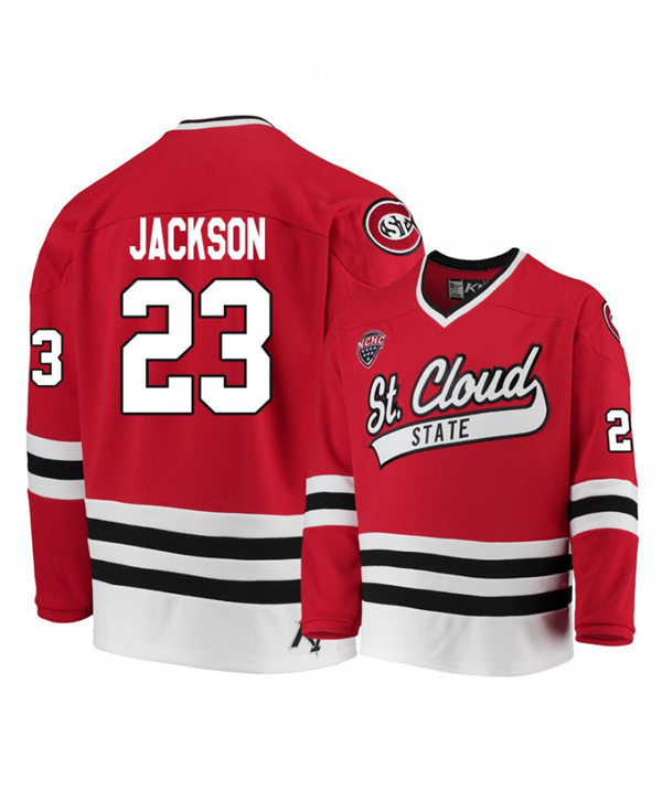 Mens St. Cloud State Huskies #23 Robby Jackson Stitched CCM Red Hockey Jersey