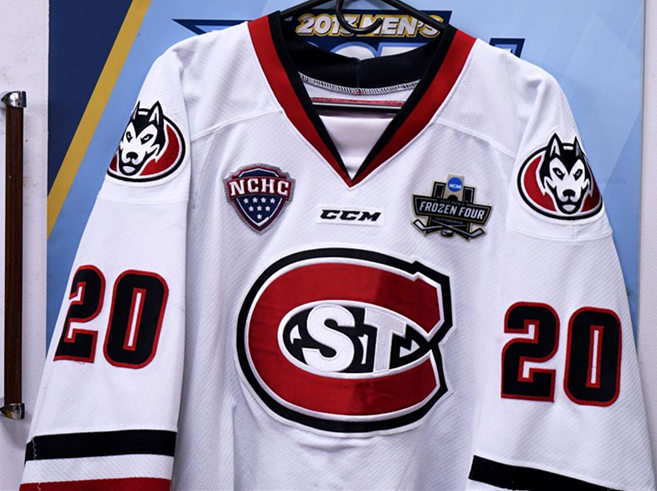 Mens St. Cloud State Huskies #20 Nolan Walker Stitched CCM White College Hockey Jersey