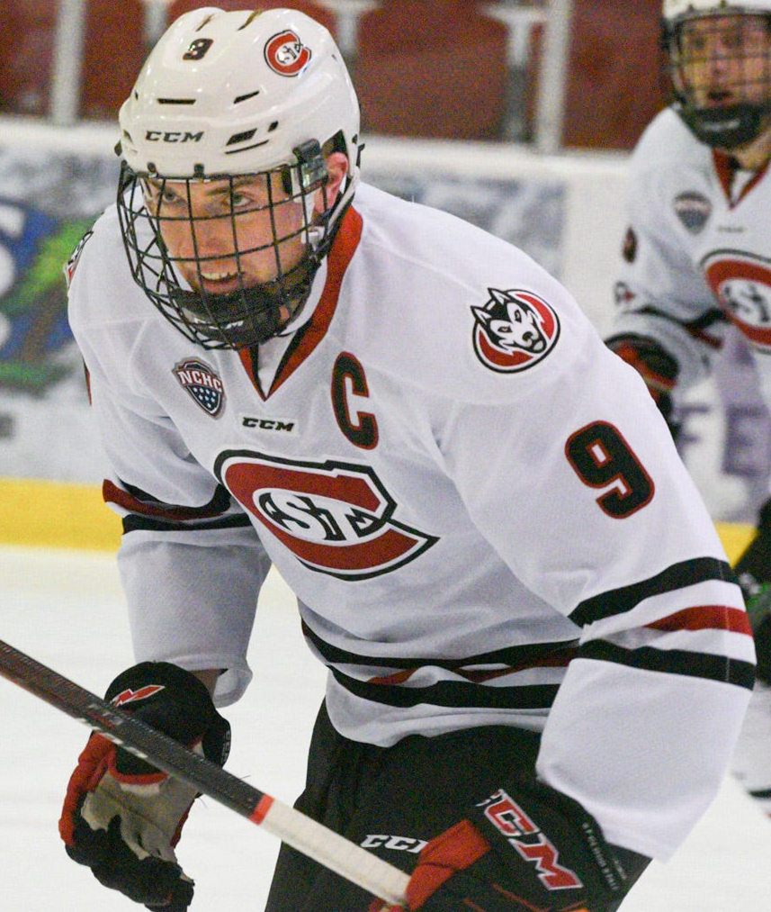 Mens St. Cloud State Huskies #9 Spencer Meier  Stitched CCM White College Hockey Jersey