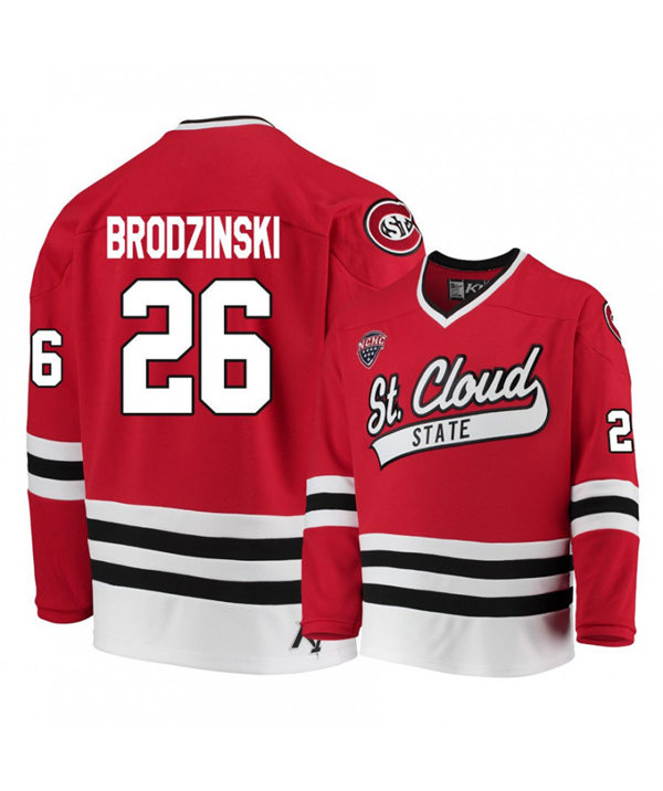 Mens St. Cloud State Huskies #26 Easton Brodzinski Stitched CCM Red Hockey Jersey