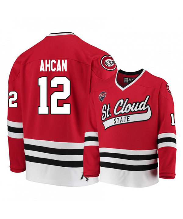 Mens St. Cloud State Huskies #12 Jack Ahcan Stitched CCM Red Hockey Jersey