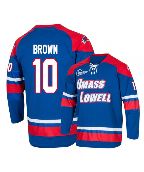 Mens UMass Lowell River Hawks #10 Matthew Brown 2020 Royal Away Under Armour College Hockey Jersey