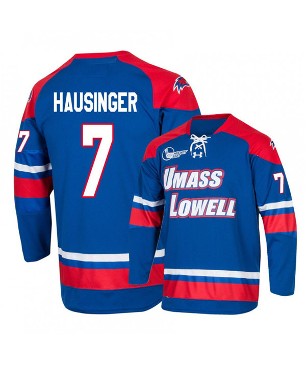 Mens UMass Lowell River Hawks #7 Kenny Hausinger 2020 Royal Away Under Armour College Hockey Jersey