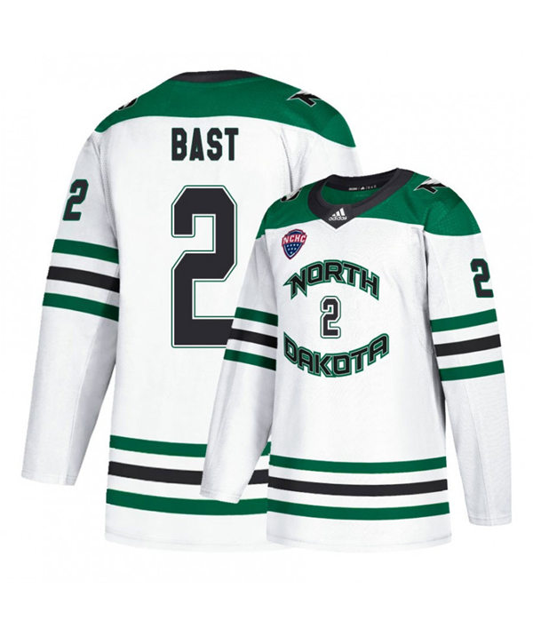 Mens North Dakota Fighting Hawks #2 Gabe Bast White 2020 Adidas College Hockey Game Jersey