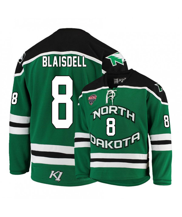 Mens North Dakota Fighting Hawks #8 Harrison Blaisdell Green 2020 Adidas College Hockey Game Jersey