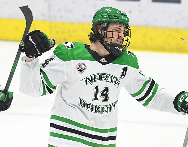 Mens North Dakota Fighting Hawks #14 Jasper Weatherby White 2020 Adidas College Hockey Game Jersey