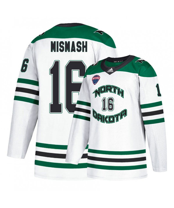 Mens North Dakota Fighting Hawks #16 Grant Mismash White 2020 Adidas College Hockey Game Jersey