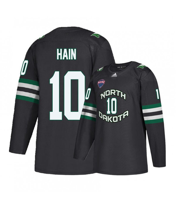 Mens North Dakota Fighting Hawks #10 Gavin Hain Black 2020 Adidas College Hockey Game Jersey