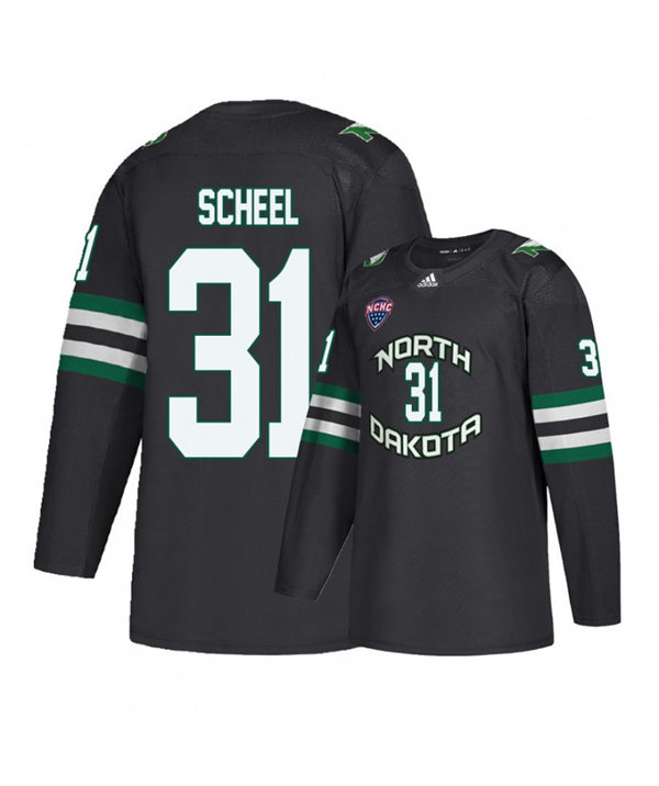 Mens North Dakota Fighting Hawks #31 Adam Scheel Black 2020 Adidas College Hockey Game Jersey