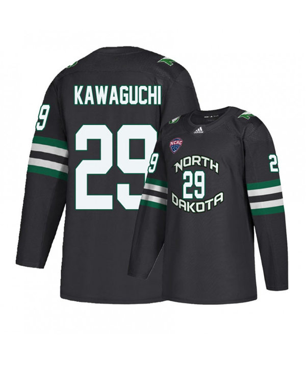 Mens North Dakota Fighting Hawks #29 Jordan Kawaguchi Black 2020 Adidas College Hockey Game Jersey