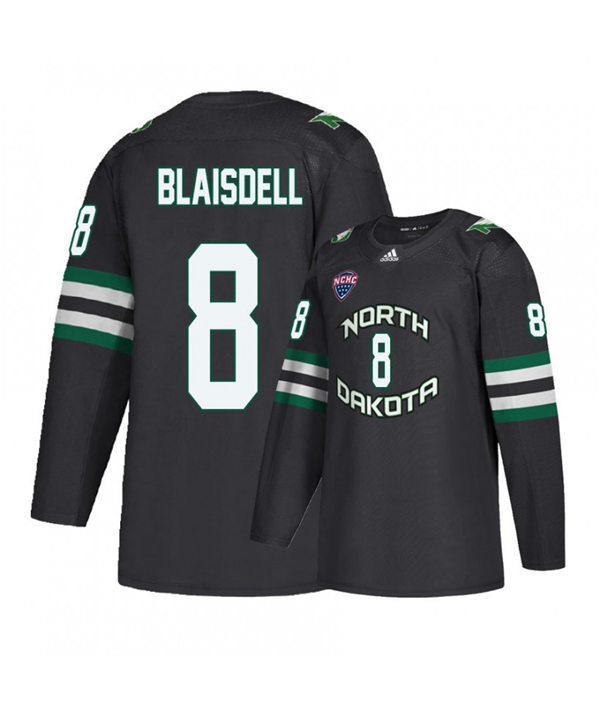 Mens North Dakota Fighting Hawks #8 Harrison Blaisdell Black 2020 Adidas College Hockey Game Jersey