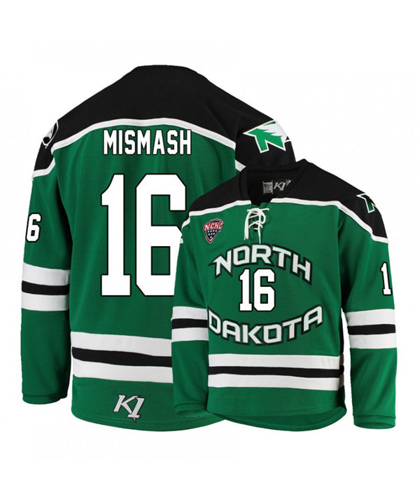 Mens North Dakota Fighting Hawks #16 Grant Mismash Green 2020 Adidas College Hockey Game Jersey