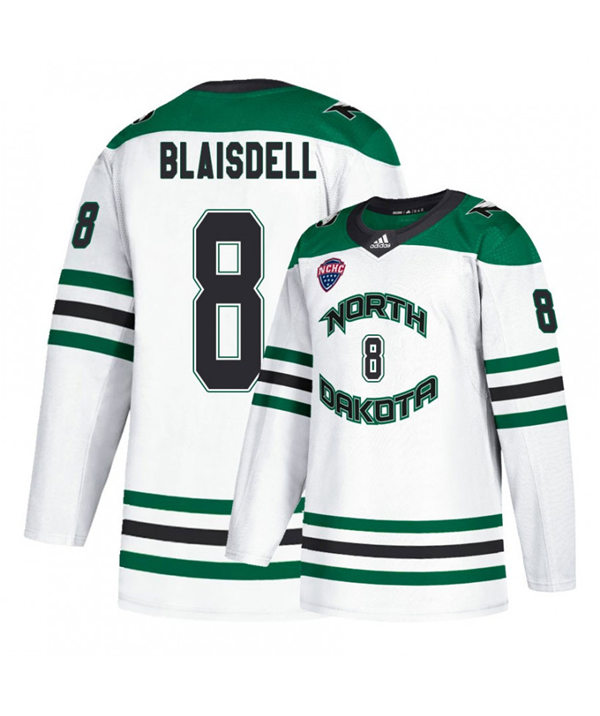 Mens North Dakota Fighting Hawks #8 Harrison Blaisdell White 2020 Adidas College Hockey Game Jersey