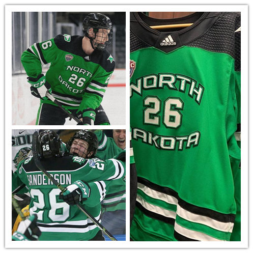 Mens North Dakota Fighting Hawks #26 Jake Sanderson Green 2020 Adidas College Hockey Game Jersey