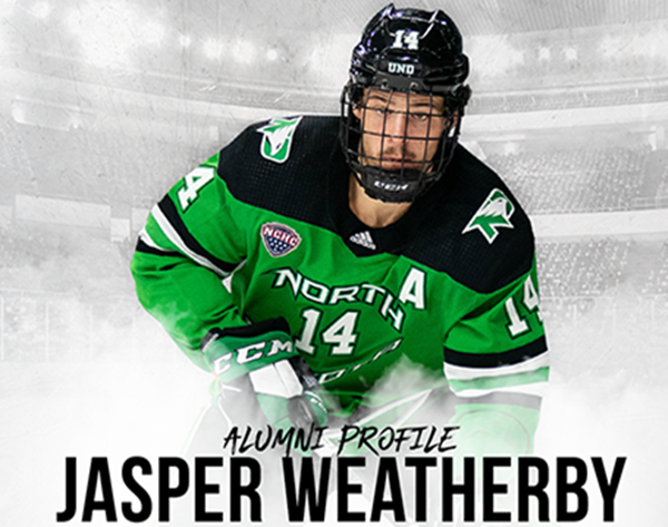 Mens North Dakota Fighting Hawks #14 Jasper Weatherby Green 2020 Adidas College Hockey Game Jersey