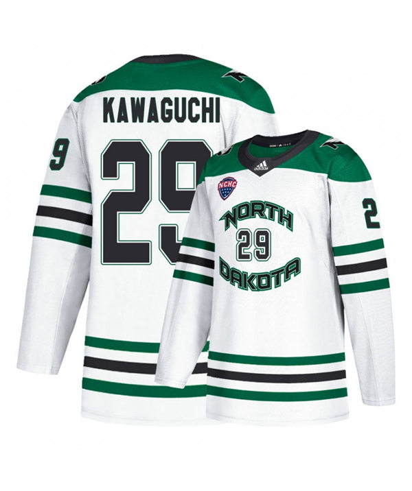 Mens North Dakota Fighting Hawks #29 Jordan Kawaguchi White 2020 Adidas College Hockey Game Jersey