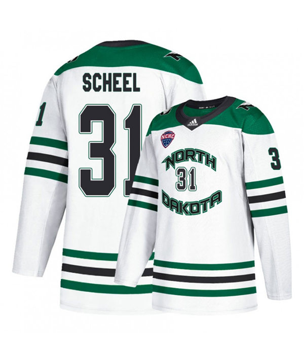 Mens North Dakota Fighting Hawks #31 Adam Scheel White 2020 Adidas College Hockey Game Jersey