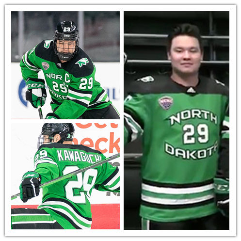 Mens North Dakota Fighting Hawks #29 Jordan Kawaguchi Green 2020 Adidas College Hockey Game Jersey