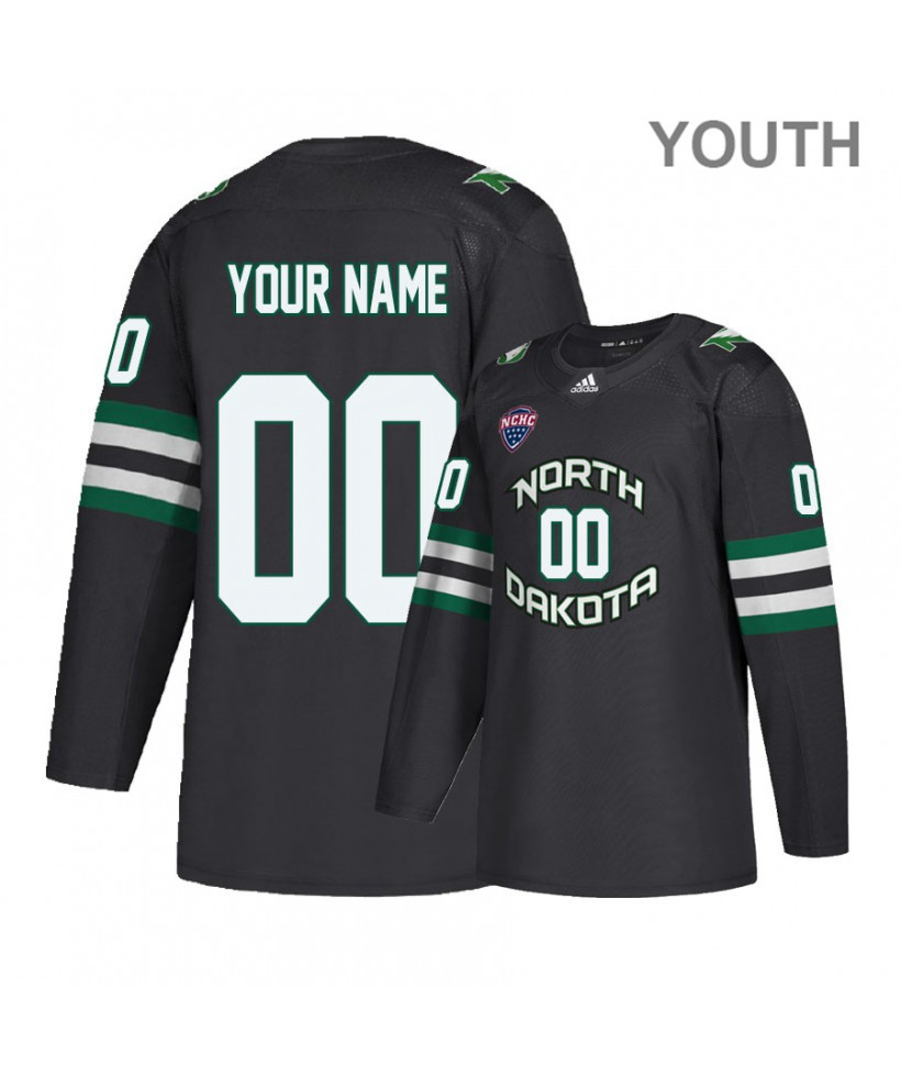 Youth North Dakota Fighting Hawks Custom Christian Wolanin Drew Stafford Troy Stecher Black 2020 Adidas HockeyJersey