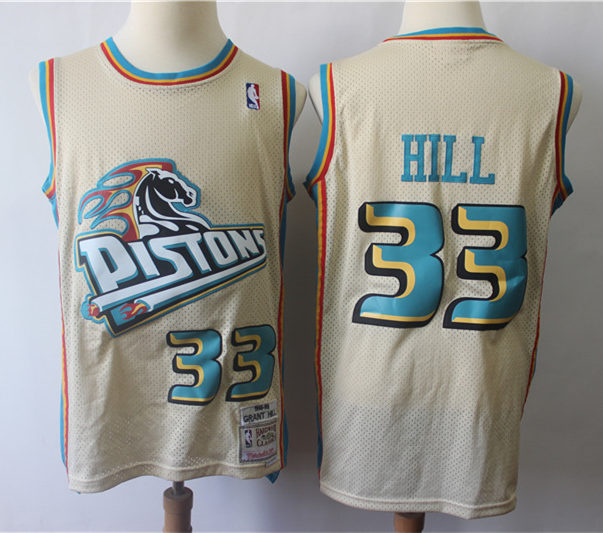 Mens Detroit Pistons #33 Grant Hill Cream Mitchell & Ness Hardwood Classics Throwback Jersey