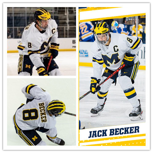 Mens Michigan Wolverines #8 Jack Becker Stitched Nike White BIG M Hockey Jersey