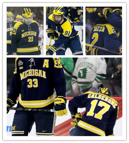 Mens Michigan Wolverines Custom Quinn Hughes Tyler Motte DYLAN LARKIN Zach Werenski Cameron York Owen Power Nike Navy Gold shoulder Hockey Jersey