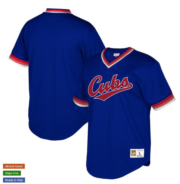 Mens Chicago Cubs Mitchell&Ness Royal Cooperstown Collection Mesh Wordmark V-Neck Jersey