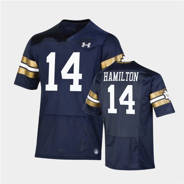 Mens Notre Dame Fighting Irish #14 Kyle Hamilton Under Armour Navy 2021 Shamrock Series Game Jersey 