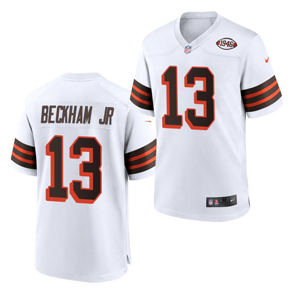Mens Cleveland Browns #13 Odell Beckham Jr. Nike 2021 White Retro 1946 75th Anniversary Jersey