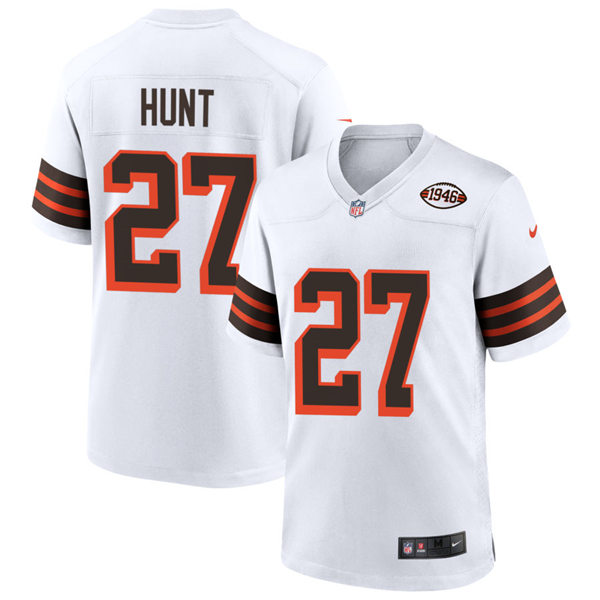 Mens Cleveland Browns #27 Kareem Hunt Nike 2021 White Retro 1946 75th Anniversary Jersey