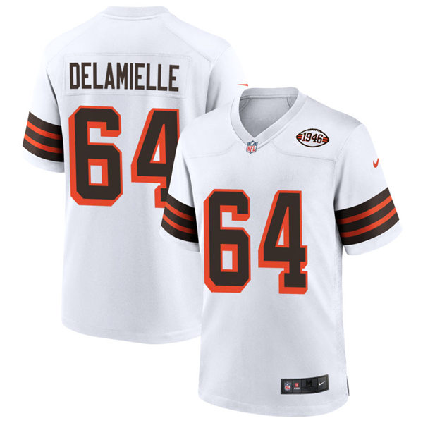 Mens Cleveland Browns Retired Player #64 Joe DeLamielleure Nike 2021 White Retro 1946 75th Anniversary Jersey