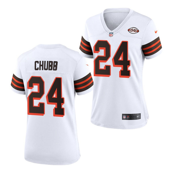 Womens Cleveland Browns #24 Nick Chubb Nike 2021 White Retro 1946 75th Anniversary Jersey