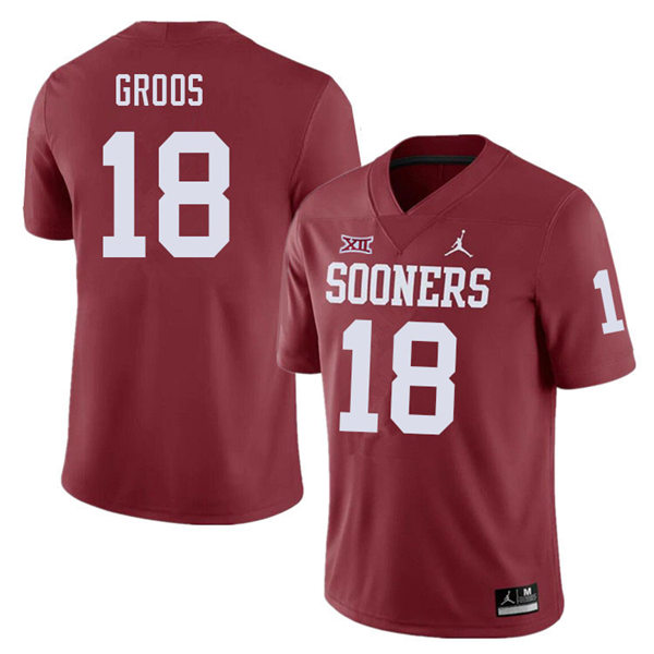 Mens Oklahoma Sooners #18 Carsten Groos Crimson Jordan College Football Game Jersey