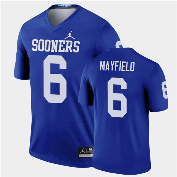 Mens Oklahoma Sooners #6 Baker Mayfield Blue Jordan Legend College Football Jersey