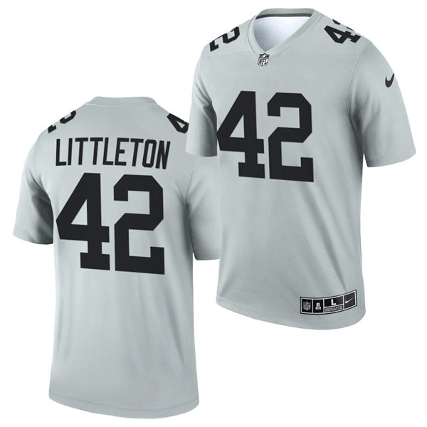 Men Las Vegas Raiders #42 Cory Littleton Nike 2021 Silver Inverted Legend Jersey