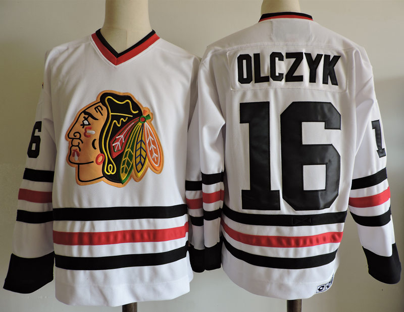 Mens Chicago Blackhawks #16 ED OLCZYK 1999 White CCM Vintage Throwback Jersey