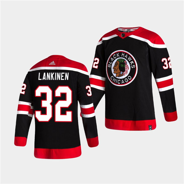 Mens Chicago Blackhawks #32 Kevin Lankinen Black Adidas 2020-21 NHL Reverse Retro Jersey