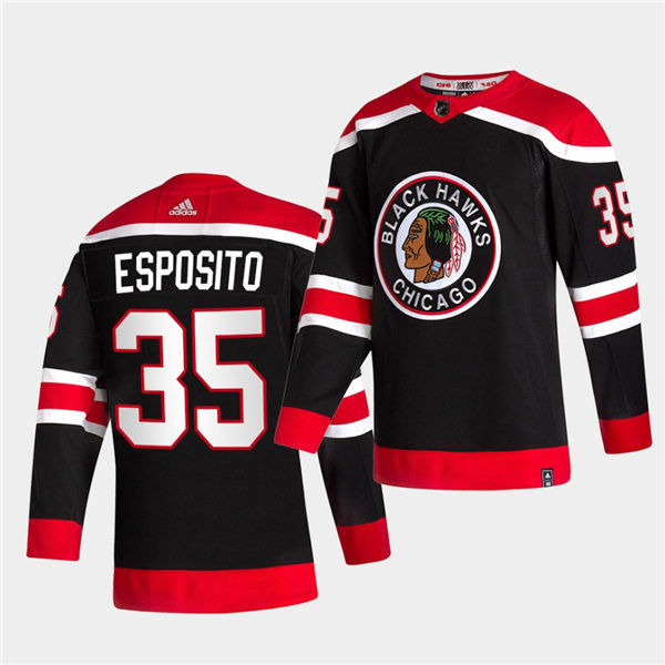 Mens Chicago Blackhawks Retired Player #35 Tony Esposito Black Adidas 2020-21 Reverse Retro Alternate NHL Jersey